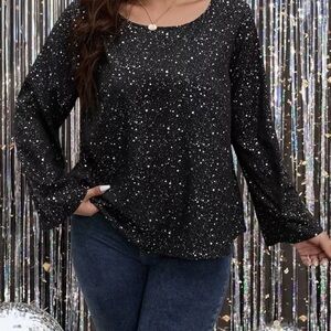 Woman’s Plus Black / Silver glitter Trumpet Sleeve Top Party 3XL / 18